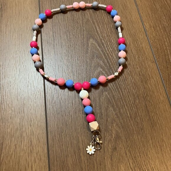 Stocking Stuffer! Handmade Pink/Gray/White/Blue Flower Lanyard - Picture 3 of 8